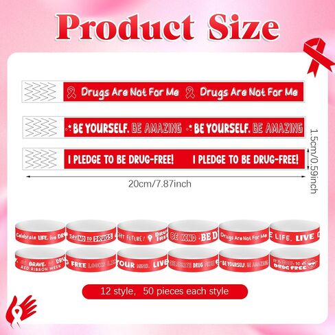 2400 Pcs Drug Free Wristband Bulk 12 Style Red Ribbon Bracelets Red Ribbon Wristbands Tamper Proof Design Red Ribbon Week Awareness Supplies for Red Ribbon Week Drugs Free Campaigns Events in Saudi Arabia