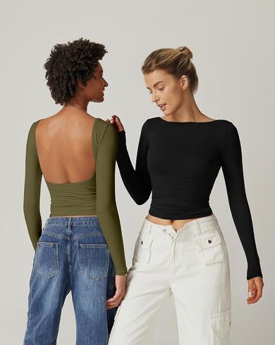 QINSEN Women's Sexy Open Back Long Sleeve Shirts High Neck Double Lined Tees Fitted Going Out Tops in Kuwait