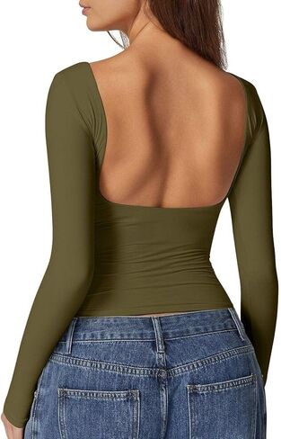 QINSEN Women's Sexy Open Back Long Sleeve Shirts High Neck Double Lined Tees Fitted Going Out Tops in Kuwait