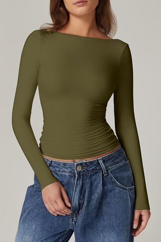 QINSEN Women's Sexy Open Back Long Sleeve Shirts High Neck Double Lined Tees Fitted Going Out Tops in Kuwait