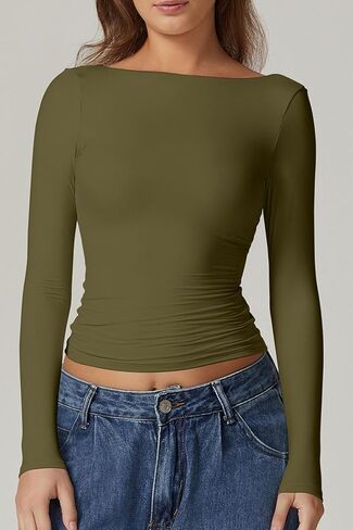 QINSEN Women's Sexy Open Back Long Sleeve Shirts High Neck Double Lined Tees Fitted Going Out Tops in Kuwait