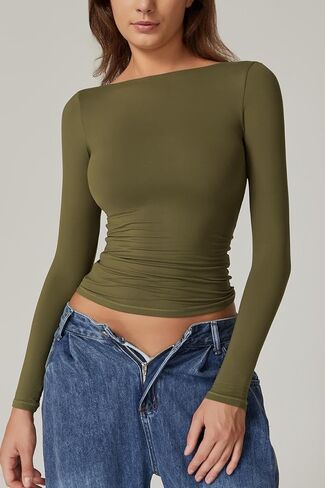QINSEN Women's Sexy Open Back Long Sleeve Shirts High Neck Double Lined Tees Fitted Going Out Tops in Kuwait