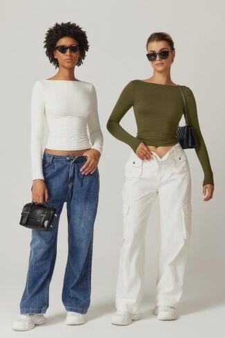 QINSEN Women's Sexy Open Back Long Sleeve Shirts High Neck Double Lined Tees Fitted Going Out Tops in Kuwait