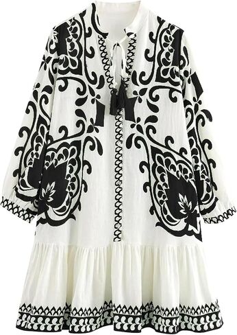 Womens Summer Bohemian Dress Floral Print Pleated Long Sleeve Mini Dresses Casual Button Down V Neck Beach Dress in Saudi Arabia