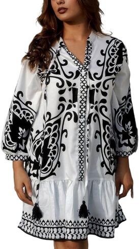 Womens Summer Bohemian Dress Floral Print Pleated Long Sleeve Mini Dresses Casual Button Down V Neck Beach Dress in Saudi Arabia