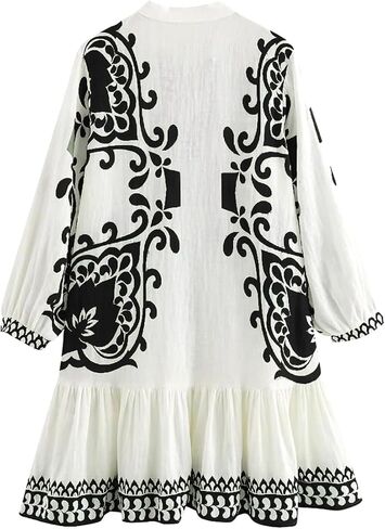 Womens Summer Bohemian Dress Floral Print Pleated Long Sleeve Mini Dresses Casual Button Down V Neck Beach Dress in Saudi Arabia