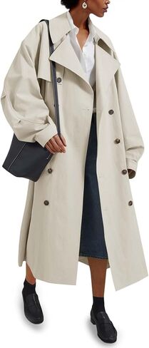 Tankaneo Womens Double Breasted Long Trench Coat Oversized Classic Lapel Belted Overcoat in Kuwait