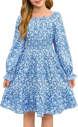 Haloumoning Girls Dresses Kids Floral Long Lantern Sleeve Square Neck Smocked Flowy Dress 5-14 Years in Saudi Arabia
