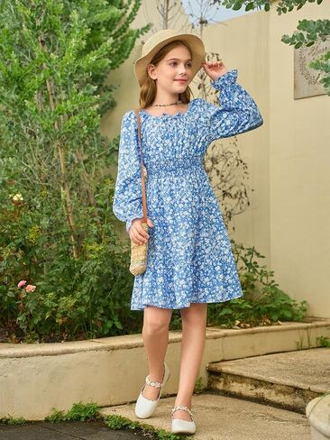 Haloumoning Girls Dresses Kids Floral Long Lantern Sleeve Square Neck Smocked Flowy Dress 5-14 Years in Saudi Arabia