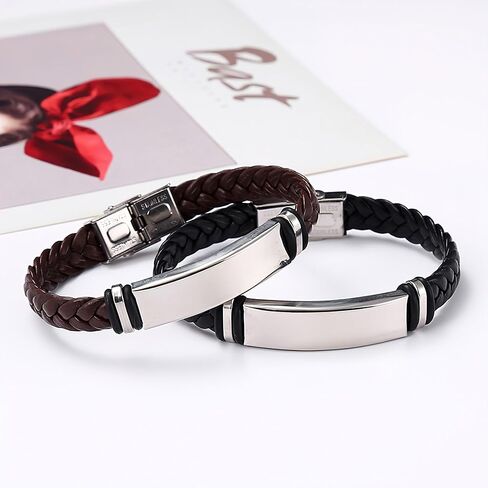 Black Leather Braided Bracelet for Men Women Stainless Steel Stretch Bracelets Adjustable Bracelets for Women Bracelets for Men Halloween, Christmas, Birthday Personalized Gifts for Men Women in Saudi Arabia
