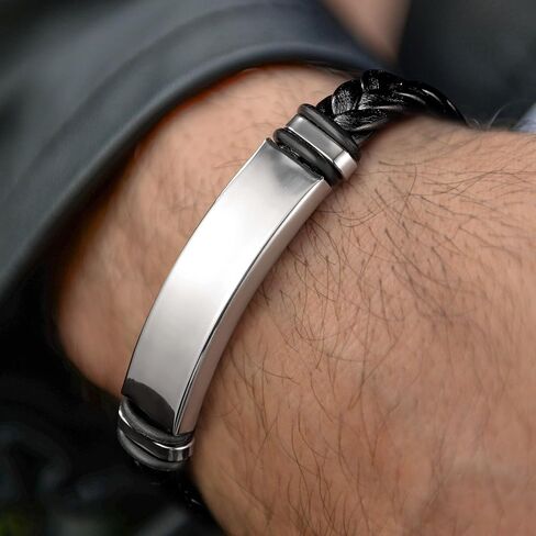 Black Leather Braided Bracelet for Men Women Stainless Steel Stretch Bracelets Adjustable Bracelets for Women Bracelets for Men Halloween, Christmas, Birthday Personalized Gifts for Men Women in Saudi Arabia