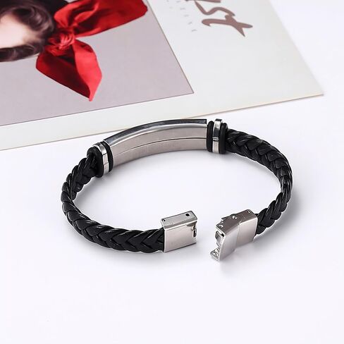 Black Leather Braided Bracelet for Men Women Stainless Steel Stretch Bracelets Adjustable Bracelets for Women Bracelets for Men Halloween, Christmas, Birthday Personalized Gifts for Men Women in Saudi Arabia