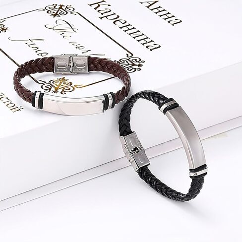 Black Leather Braided Bracelet for Men Women Stainless Steel Stretch Bracelets Adjustable Bracelets for Women Bracelets for Men Halloween, Christmas, Birthday Personalized Gifts for Men Women in Saudi Arabia
