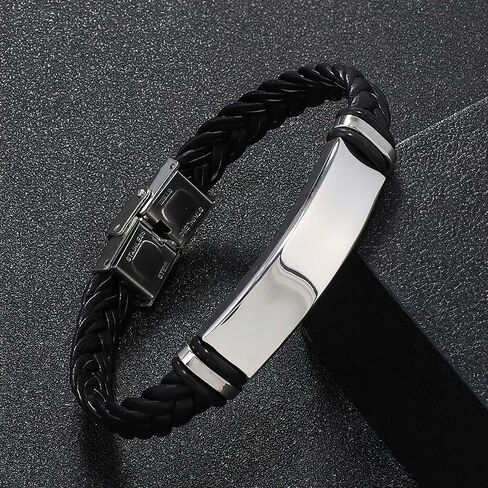 Black Leather Braided Bracelet for Men Women Stainless Steel Stretch Bracelets Adjustable Bracelets for Women Bracelets for Men Halloween, Christmas, Birthday Personalized Gifts for Men Women in Saudi Arabia