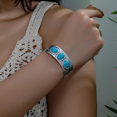 Bohemian Turquoise Cuff Bracelet for Women Vintage Chunky Boho Open Bangle Silver Turquoise Bracelet Adjustable Statement Birthday Wedding Party Jewelry in Saudi Arabia