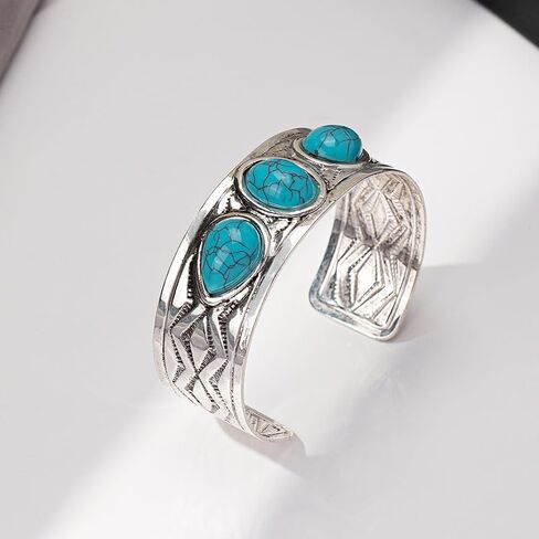 Bohemian Turquoise Cuff Bracelet for Women Vintage Chunky Boho Open Bangle Silver Turquoise Bracelet Adjustable Statement Birthday Wedding Party Jewelry in Saudi Arabia