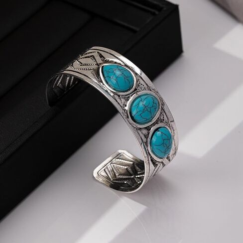 Bohemian Turquoise Cuff Bracelet for Women Vintage Chunky Boho Open Bangle Silver Turquoise Bracelet Adjustable Statement Birthday Wedding Party Jewelry in Saudi Arabia