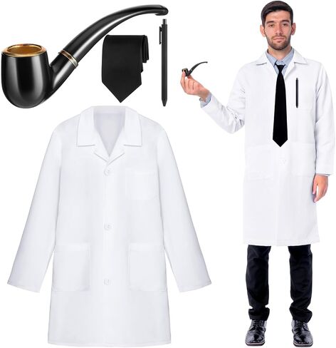 Mepase 5 Pcs Halloween Professor Costume Scientist Doctor Accessories Adult Men with White Lab Coat Fake Pipe Tie Pens in Saudi Arabia