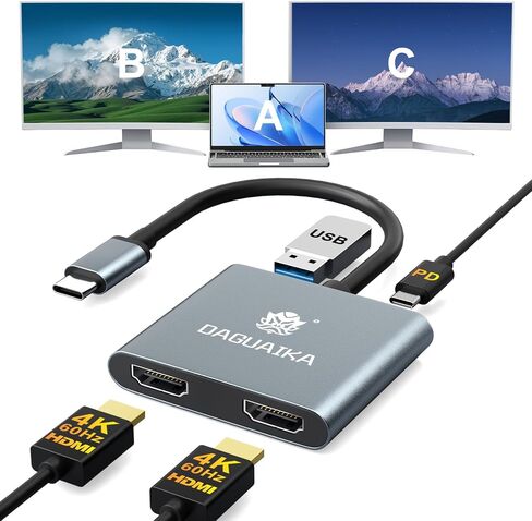 USB C to Dual HDMI Adapter 4K@60Hz, 4-in-1 HDMI Splitter for Dual Monitors, 100W PD Charging, USB A Port, Docking Station for MacBook/LenovoYoga/Thinkpad, XPS and More (macOS only Support SST Mode) in Kuwait