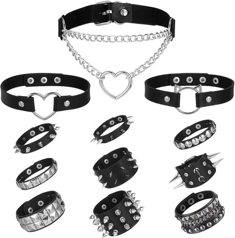 12Pcs Spiked Choker & Studded Bracelet Set - 3 Leather Choker and 9 Emo Bracelets, Black Punk Rock Accessories for Women Men, 80s Rock Goth Accessories for Halloween Cosplay Night Club Party in Saudi Arabia
