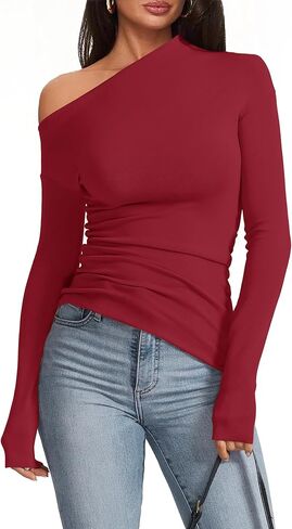 Women's Sexy Off Shoulder Tops Long Sleeve Asymmetrical Slim Fit Going Out Fall Blouse Ruched Tight Shirts in Kuwait