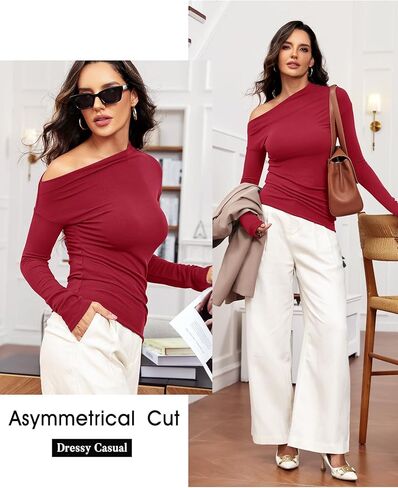 Women's Sexy Off Shoulder Tops Long Sleeve Asymmetrical Slim Fit Going Out Fall Blouse Ruched Tight Shirts in Kuwait