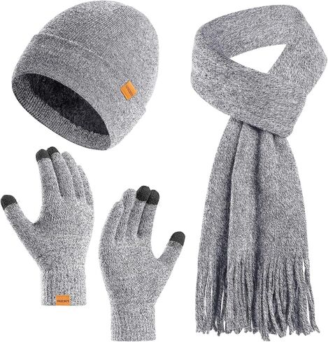 Winter Hat Gloves Scarf Set Women, Knit Beanie Fleece Lining, Touchscreen Gloves & Warm Knitted Scarf 3Pcs Gift in Saudi Arabia