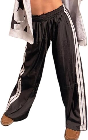 Adoeren المرأة الجانب مخطط Sweatpants المظلة مرونة الخصر فضفاض السراويل الترنك Y2k واسعة الساق الخروج بنطال رياضي in Kuwait