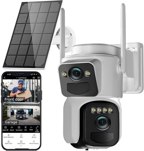 6MP كاميرا أمان شمسية لاسلكية في الهواء الطلق ، واي فاي 2.4 جيجا هرتز ، 360 درجة PTZ كاميرا العدسة المزدوجة للأمن المنزلي مع رؤية ليلية ملونة ، تتبع السيارات ، الكشف البشري ، SPOTLIGHT SEREN in Saudi Arabia