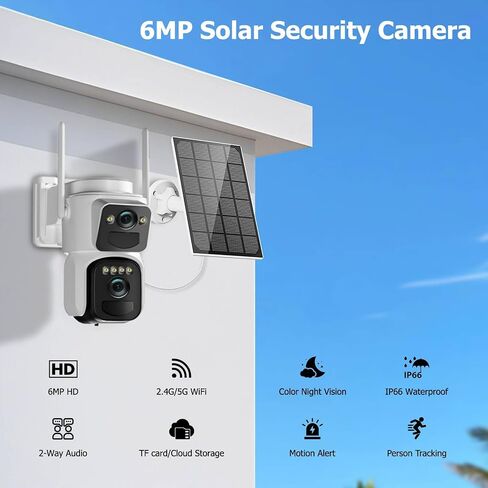 6MP كاميرا أمان شمسية لاسلكية في الهواء الطلق ، واي فاي 2.4 جيجا هرتز ، 360 درجة PTZ كاميرا العدسة المزدوجة للأمن المنزلي مع رؤية ليلية ملونة ، تتبع السيارات ، الكشف البشري ، SPOTLIGHT SEREN in Saudi Arabia