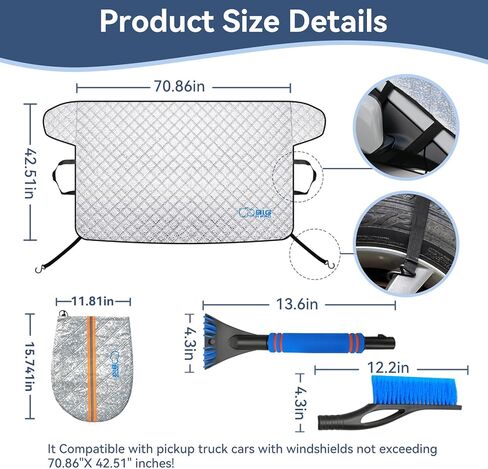 Big Hippo Windshield Cover for Snow and Ice,Windshield Snow Cover Fit for Pickup Truck, Prevent Snow,Ice and Sun Protection,Car Window Snow Brush as Bonus (Size:70.86X 42.5inch/Black) in Kuwait