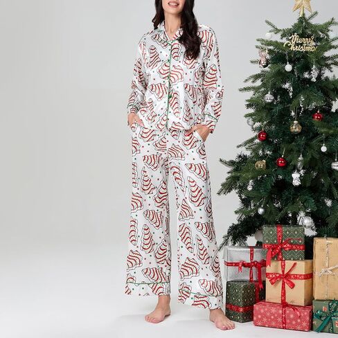 Faretumiya Women Silk Satin Christmas Pajamas Xmas Long Sleeve Sleepwear Holiday Print Two Piece Pjs Pants Set in Saudi Arabia