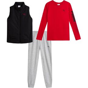 PUMA Boys Pants Set - 3 Piece Athletic Poly Woven Zipper Vest Jersey Long Sleeve Tee and Fleece Jogger Pants (8-16) in Kuwait