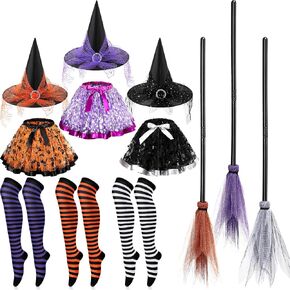 3 Sets Halloween Witch Costumes for Women Gothic With Hat, Tutu Skirt, Broom, Striped Knee High Socks and Full Accessories for Party in Saudi Arabia