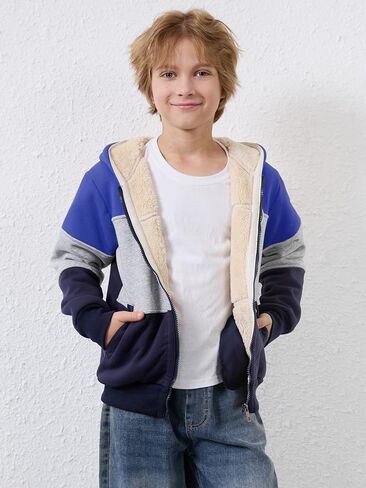 Gihuo Unisex Boy's Girl's Hoodie Sherpa Lined Jacket Zip Up Fleece Hooded Sweatshirt Winter Warm Coat Outerwear 4-12Y in Kuwait