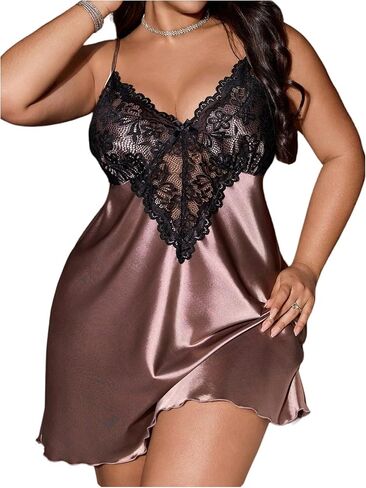 Women's Plus Size Floral Lace Sheer Satin Nightgown Spaghetti Strap Night Dress Chemise in Saudi Arabia