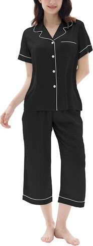 Joyaria Women Satin Silk Capri Pajamas Super Soft Comfy Sleepwear Short Sleeve Button Down loungewear Sets S-XXL in Saudi Arabia