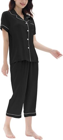 Joyaria Women Satin Silk Capri Pajamas Super Soft Comfy Sleepwear Short Sleeve Button Down loungewear Sets S-XXL in Saudi Arabia