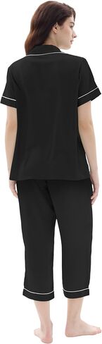 Joyaria Women Satin Silk Capri Pajamas Super Soft Comfy Sleepwear Short Sleeve Button Down loungewear Sets S-XXL in Saudi Arabia