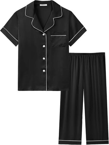 Joyaria Women Satin Silk Capri Pajamas Super Soft Comfy Sleepwear Short Sleeve Button Down loungewear Sets S-XXL in Saudi Arabia