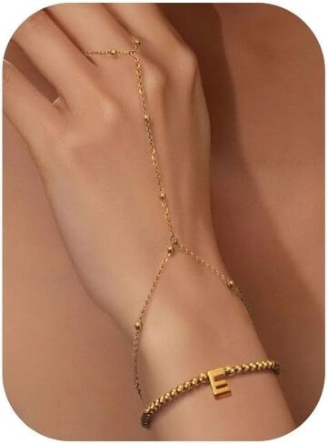 Initial Hand Chain Bracelets for Women Non Tarnish Gold Beaded Ring Bracelets Set, Waterproof Stainless Steel Letter Slave Link Bracelet, Dainty Gold Hand Chain Jewelry Gifts in Kuwait