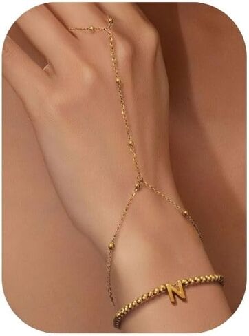 Initial Hand Chain Bracelets for Women Non Tarnish Gold Beaded Ring Bracelets Set, Waterproof Stainless Steel Letter Slave Link Bracelet, Dainty Gold Hand Chain Jewelry Gifts in Kuwait