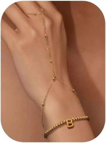 Initial Hand Chain Bracelets for Women Non Tarnish Gold Beaded Ring Bracelets Set, Waterproof Stainless Steel Letter Slave Link Bracelet, Dainty Gold Hand Chain Jewelry Gifts in Kuwait