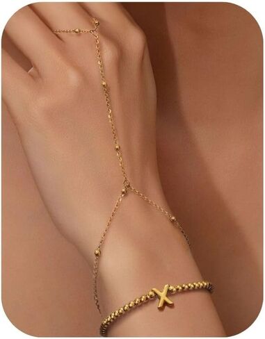 Initial Hand Chain Bracelets for Women Non Tarnish Gold Beaded Ring Bracelets Set, Waterproof Stainless Steel Letter Slave Link Bracelet, Dainty Gold Hand Chain Jewelry Gifts in Kuwait