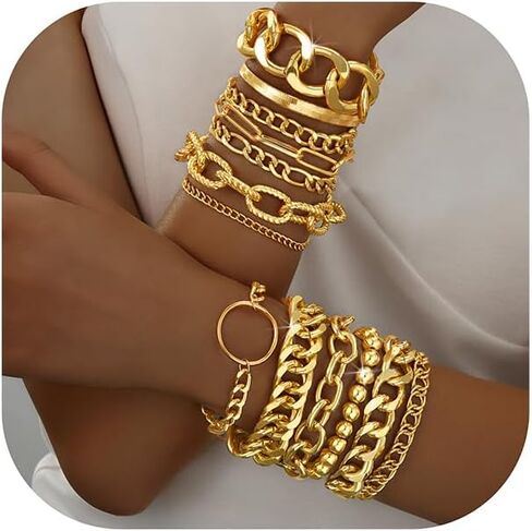 13 قطعة أساور ذهبية مكتنزة للنساء، مجموعة أساور مكتنزة بسلسلة مشبك ورق كوبي أنيق، أساور قابلة للتعديل ذات طبقات للنساء مجوهرات مقاومة للماء للهدايا in Kuwait