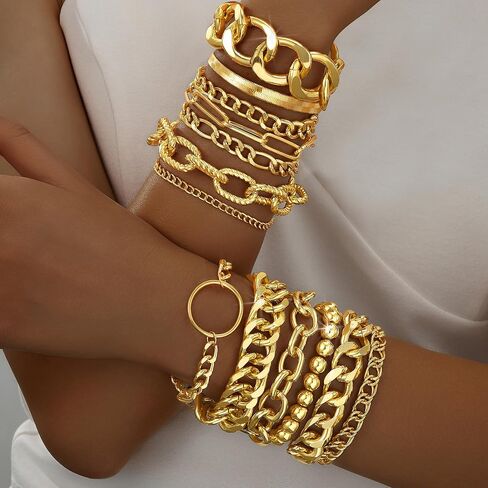 13 قطعة أساور ذهبية مكتنزة للنساء، مجموعة أساور مكتنزة بسلسلة مشبك ورق كوبي أنيق، أساور قابلة للتعديل ذات طبقات للنساء مجوهرات مقاومة للماء للهدايا in Kuwait