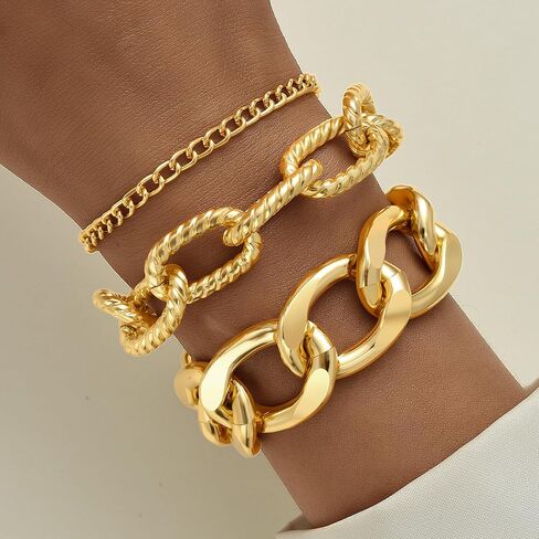 13 قطعة أساور ذهبية مكتنزة للنساء، مجموعة أساور مكتنزة بسلسلة مشبك ورق كوبي أنيق، أساور قابلة للتعديل ذات طبقات للنساء مجوهرات مقاومة للماء للهدايا in Kuwait