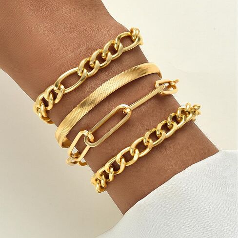 13 قطعة أساور ذهبية مكتنزة للنساء، مجموعة أساور مكتنزة بسلسلة مشبك ورق كوبي أنيق، أساور قابلة للتعديل ذات طبقات للنساء مجوهرات مقاومة للماء للهدايا in Kuwait