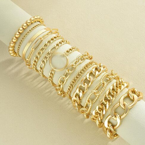 13 قطعة أساور ذهبية مكتنزة للنساء، مجموعة أساور مكتنزة بسلسلة مشبك ورق كوبي أنيق، أساور قابلة للتعديل ذات طبقات للنساء مجوهرات مقاومة للماء للهدايا in Kuwait