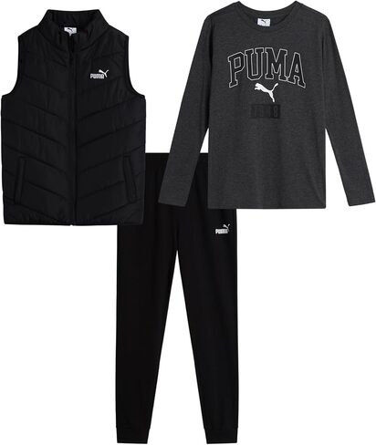 طقم سراويل للأولاد من PUMA - 3 قطع رياضية من البوليستر المنسوج بسحاب جيرسيه وأكمام طويلة وسروال جوغرز من الصوف (8-16) in Saudi Arabia